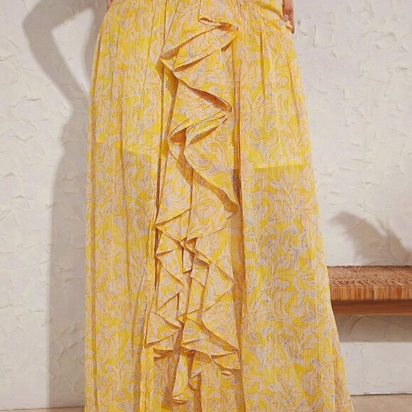 Yellow Boho Women's Draped Ruffle Split Thigh Print Dress - Picture 5 of 6